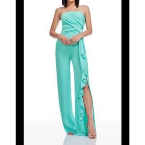 NWT Dress the Population Shawn Strapless Ruffle Slit Jumpsuit Aqua Mint Sz S